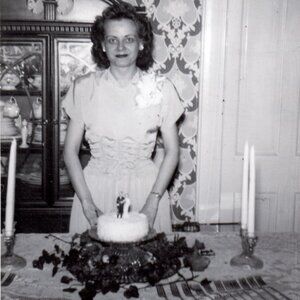 Vernacular Photo WOMAN POSING WITH CAKE AT HER BRIDAL SHOWER c1950 fr-1
